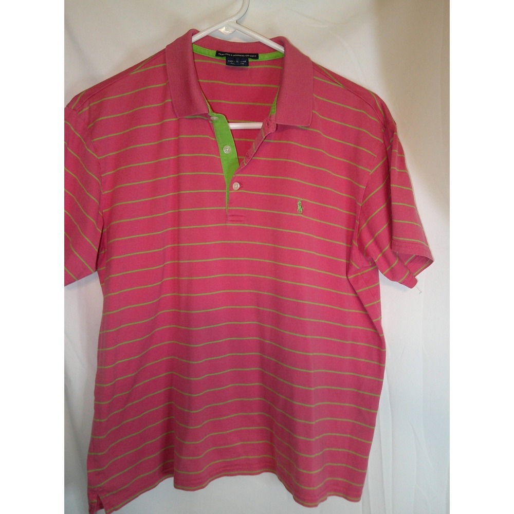 Ralph Lauren Sport Polo Shirt Striped Pink Green Short Sleeve Kids Size L